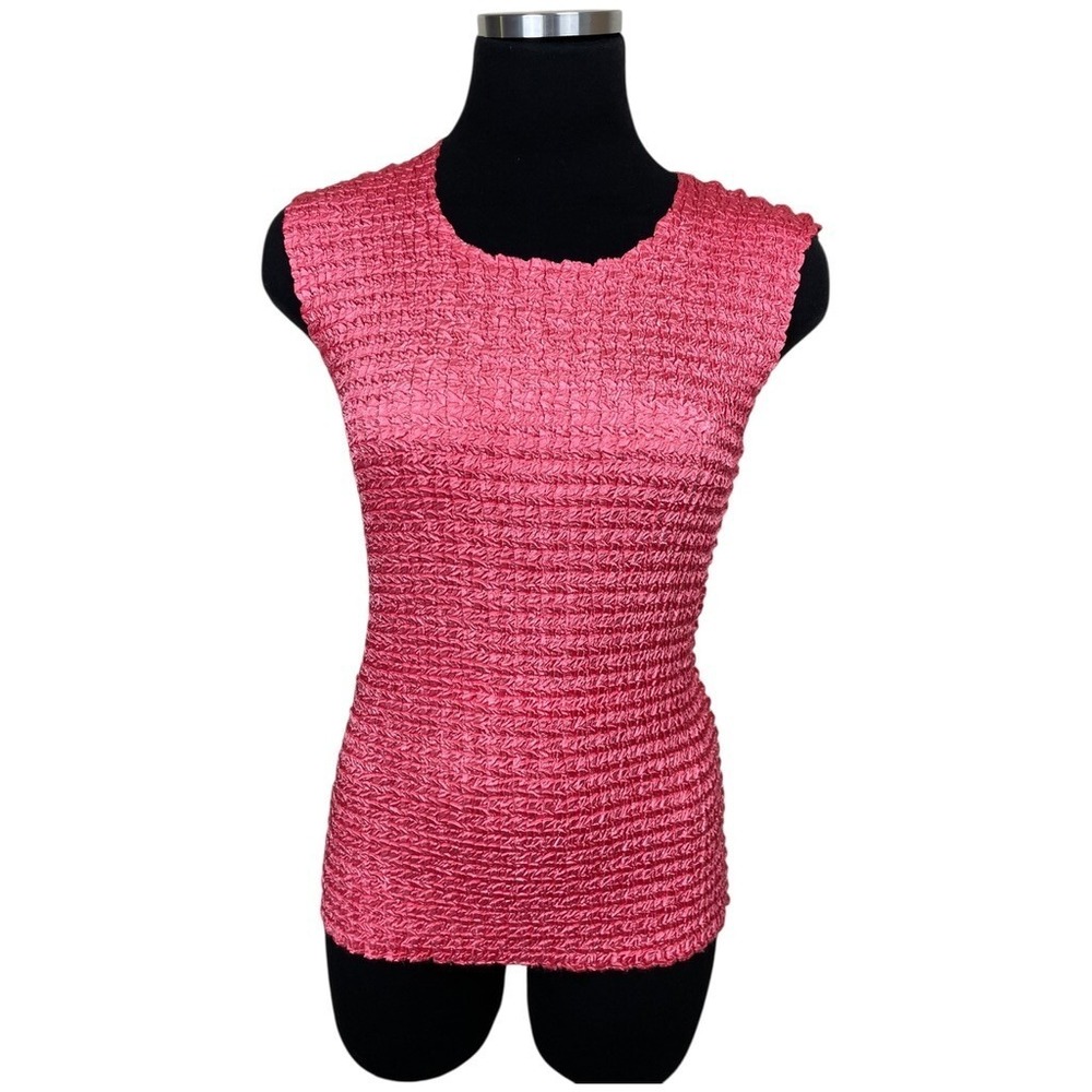 Vintage 90s Y2K Tank Top Women M Sleeveless Salmon Fitted Crinkle Stretch